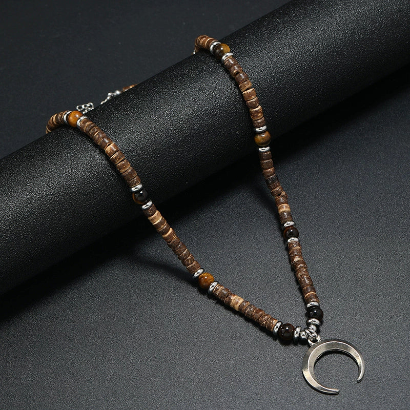 Men's Beaded Coconut Shell Alloy Retro Necklace With Geometric Crescent Moon Handwoven Design - Image 6