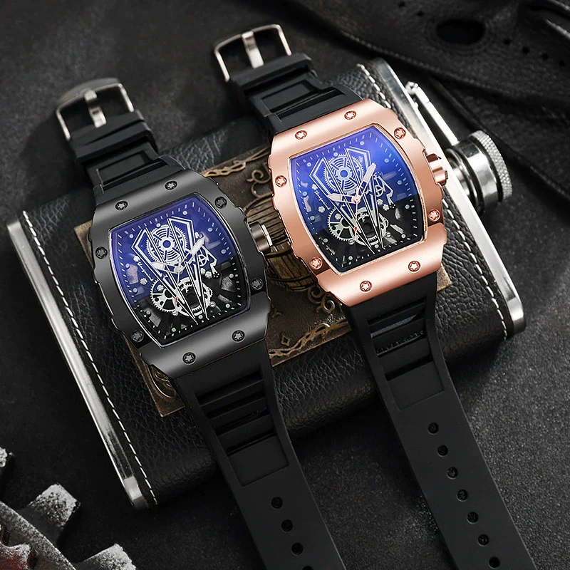 Men's Business Hollow Barrelshaped Quartz Watch Alloy Case Coated Glass Mirror Silicone Strap - Image 2