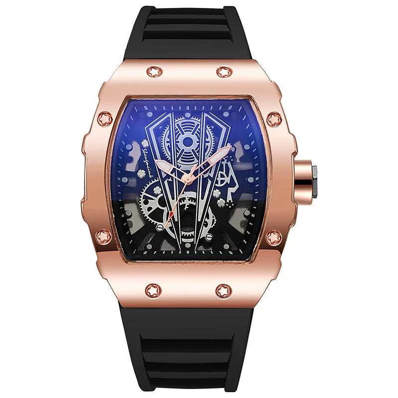 Men's Business Hollow Barrelshaped Quartz Watch Alloy Case Coated Glass Mirror Silicone Strap - Image 7