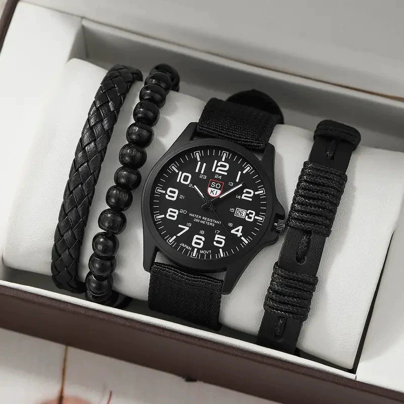 Men's Business Quartz Watch And Allmatch Beaded Bracelet Set Alloy Case Imitation Leather Strap Stainless Steel Clasp Round Dial Mineral Strengthened Mirror - Image 5