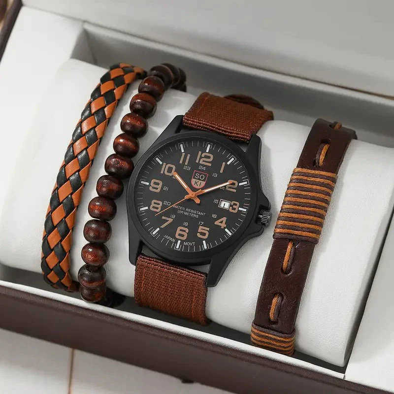 Men's Business Quartz Watch And Allmatch Beaded Bracelet Set Alloy Case Imitation Leather Strap Stainless Steel Clasp Round Dial Mineral Strengthened Mirror - Image 6
