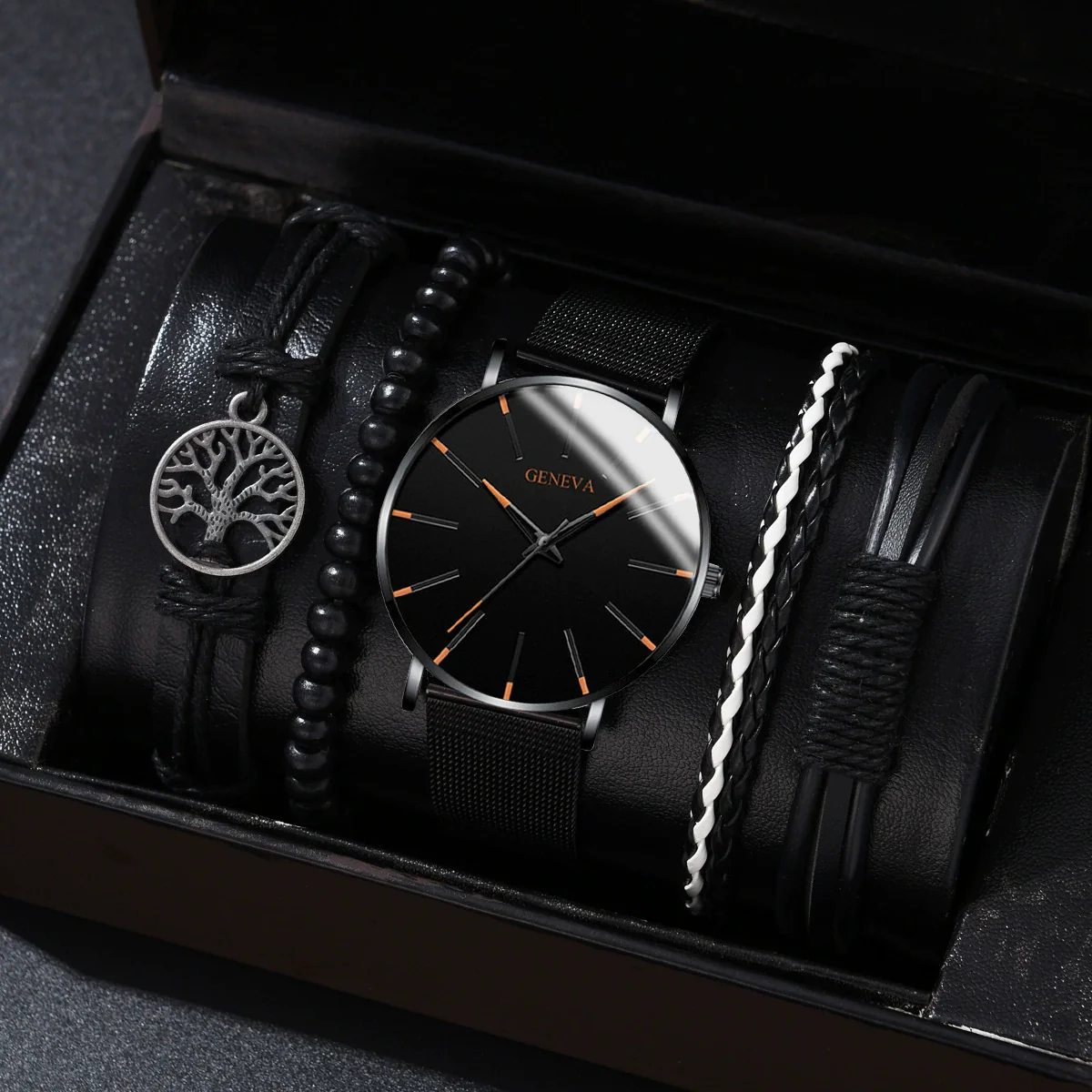 Men's Business Quartz Watch And Bracelet Set Alloy Case Imitation Leather Strap Stainless Steel Buckle Round Dial - Image 2