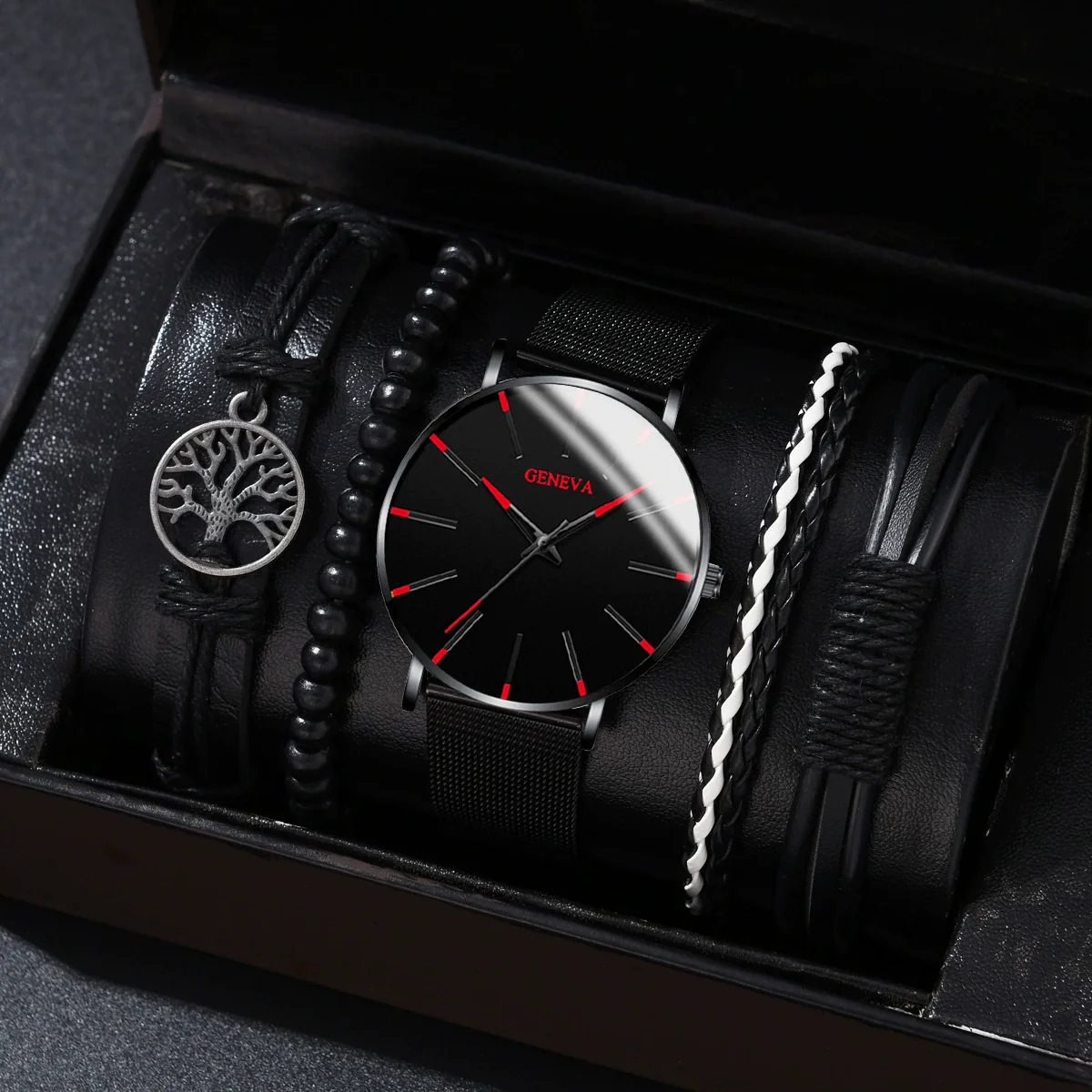 Men's Business Quartz Watch And Bracelet Set Alloy Case Imitation Leather Strap Stainless Steel Buckle Round Dial - Image 3