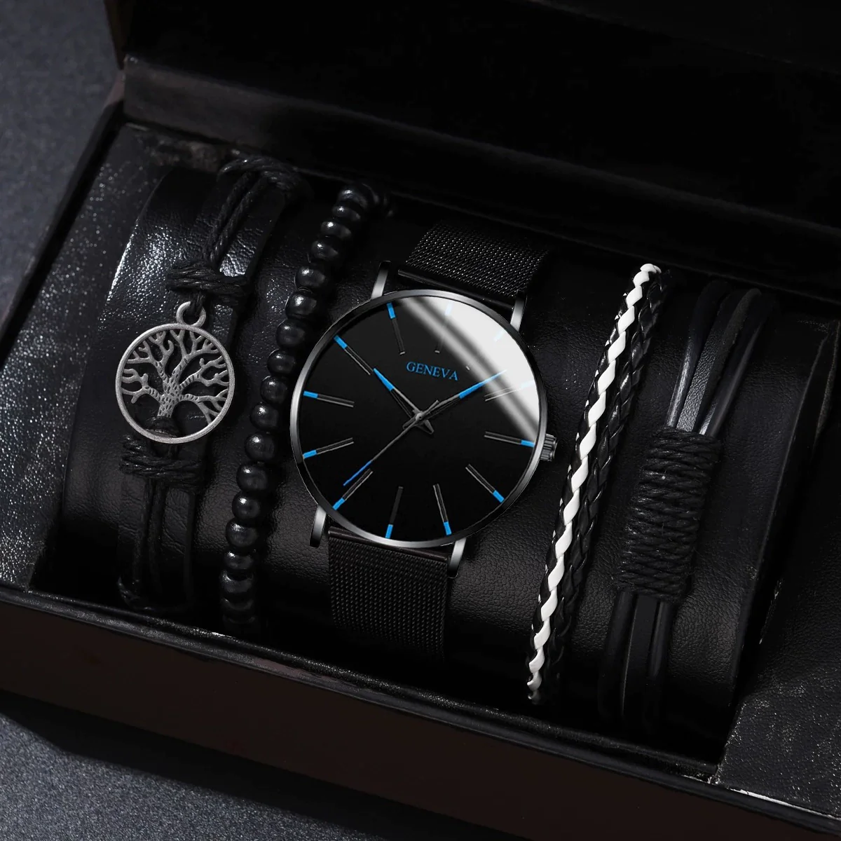 Men's Business Quartz Watch And Bracelet Set Alloy Case Imitation Leather Strap Stainless Steel Buckle Round Dial - Image 6