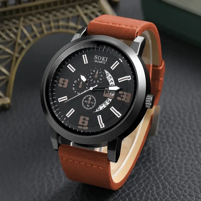 Men's Business Style Alloy Case Quartz Watch With Imitation Leather Strap And Round Dial - Image 5