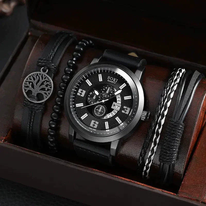 Men's Business Style Alloy Case Quartz Watch With Imitation Leather Strap And Round Dial - Image 6