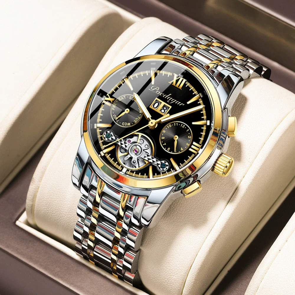 Men's Business Style Multifunctional Mechanical Watch With Round Dial Alloy Case Mineral Strengthened Mirror Stainless Steel Strap
