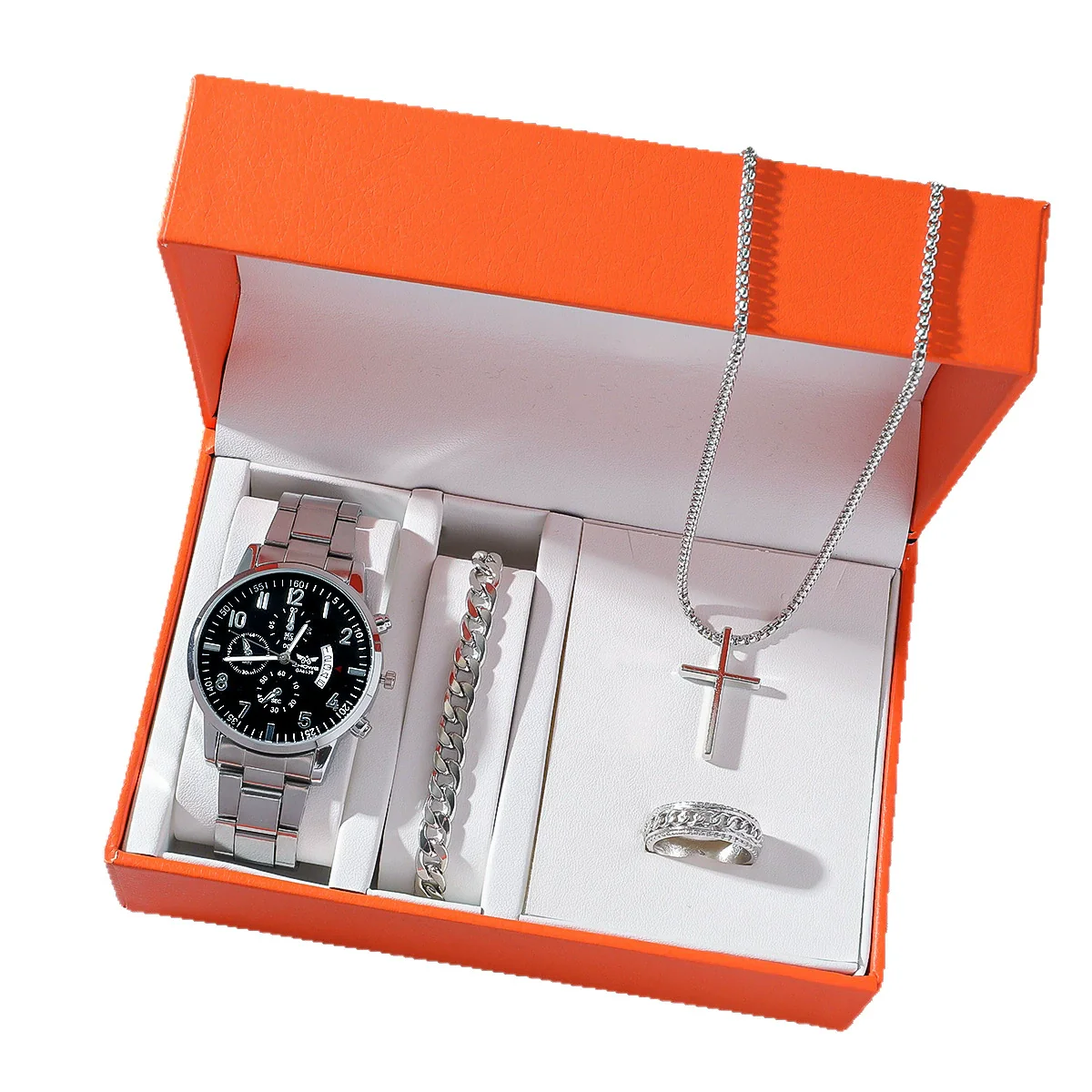 Men's Business Style Silver Watch Bracelet Necklace Ring Fourpiece Set With Zinc Alloy Case Stainless Steel Strap And Buckle Round Dial - Image 5