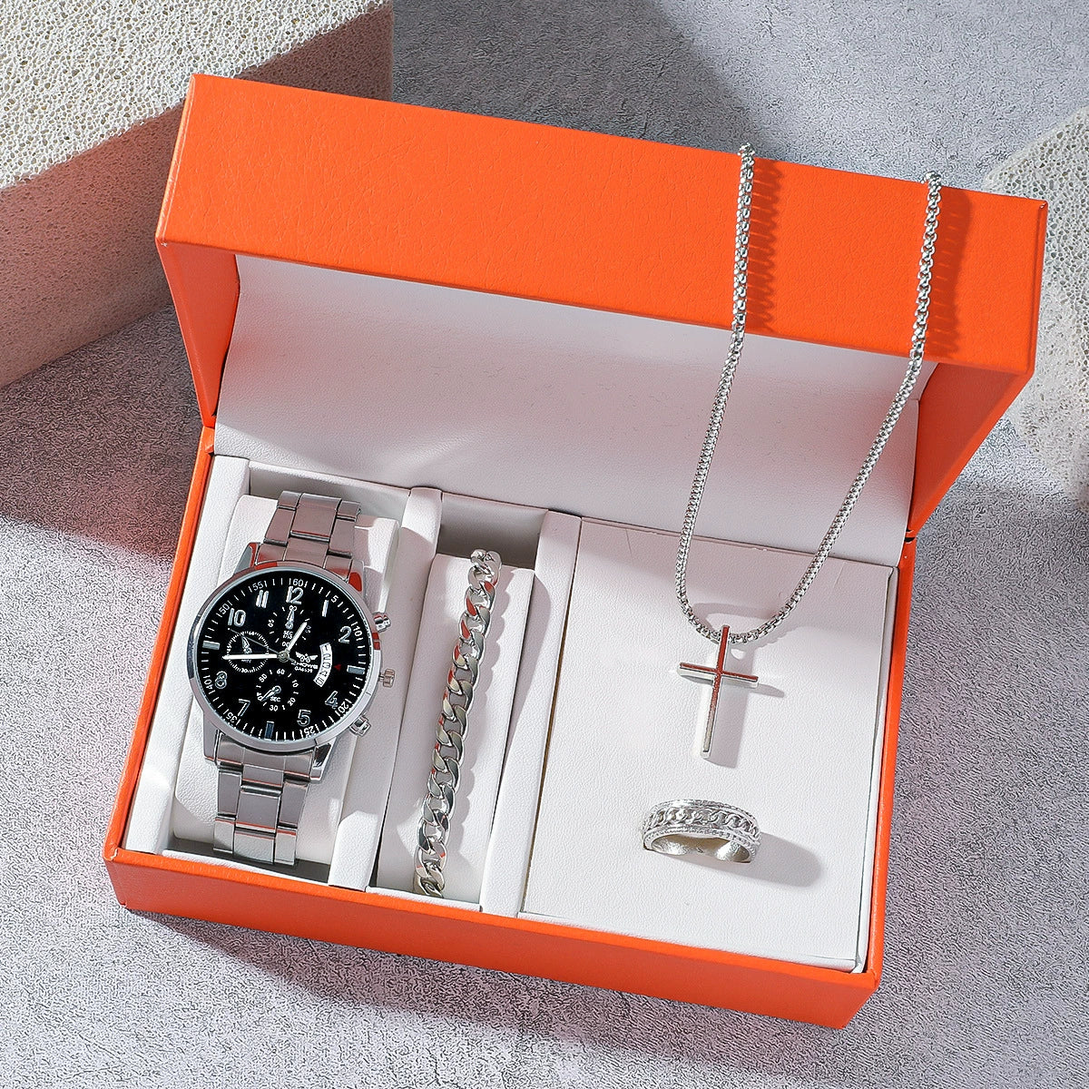 Men's Business Style Silver Watch Bracelet Necklace Ring Fourpiece Set With Zinc Alloy Case Stainless Steel Strap And Buckle Round Dial - Image 6