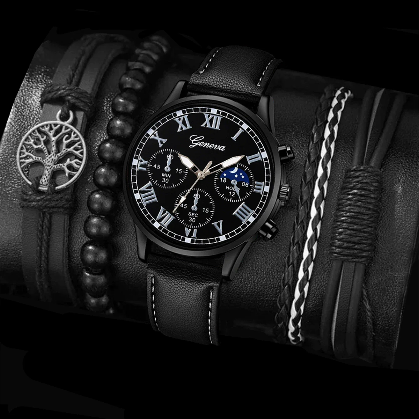 Men's Casual Alloy Case Stainless Steel Buckle Imitation Leather Strap Round Dial Quartz Watch - Image 3
