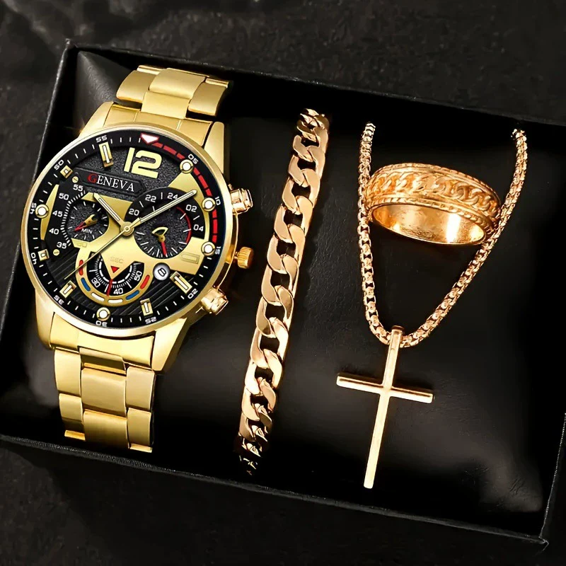 Men's Casual Alloy Quartz Watch With Fake Three Eye Calendar Roman Scale And Round Dial - Image 8