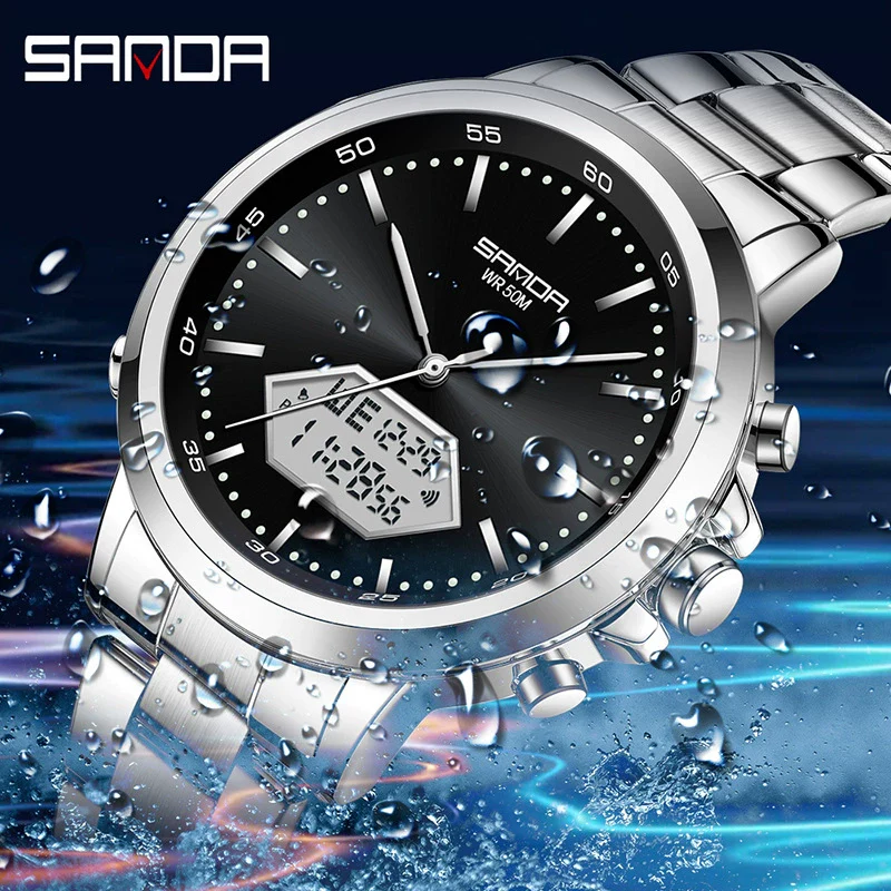 Men's Electronic Watch Waterproof Multifunction Simple Style Zinc Alloy Case Steel Belt Round Dial