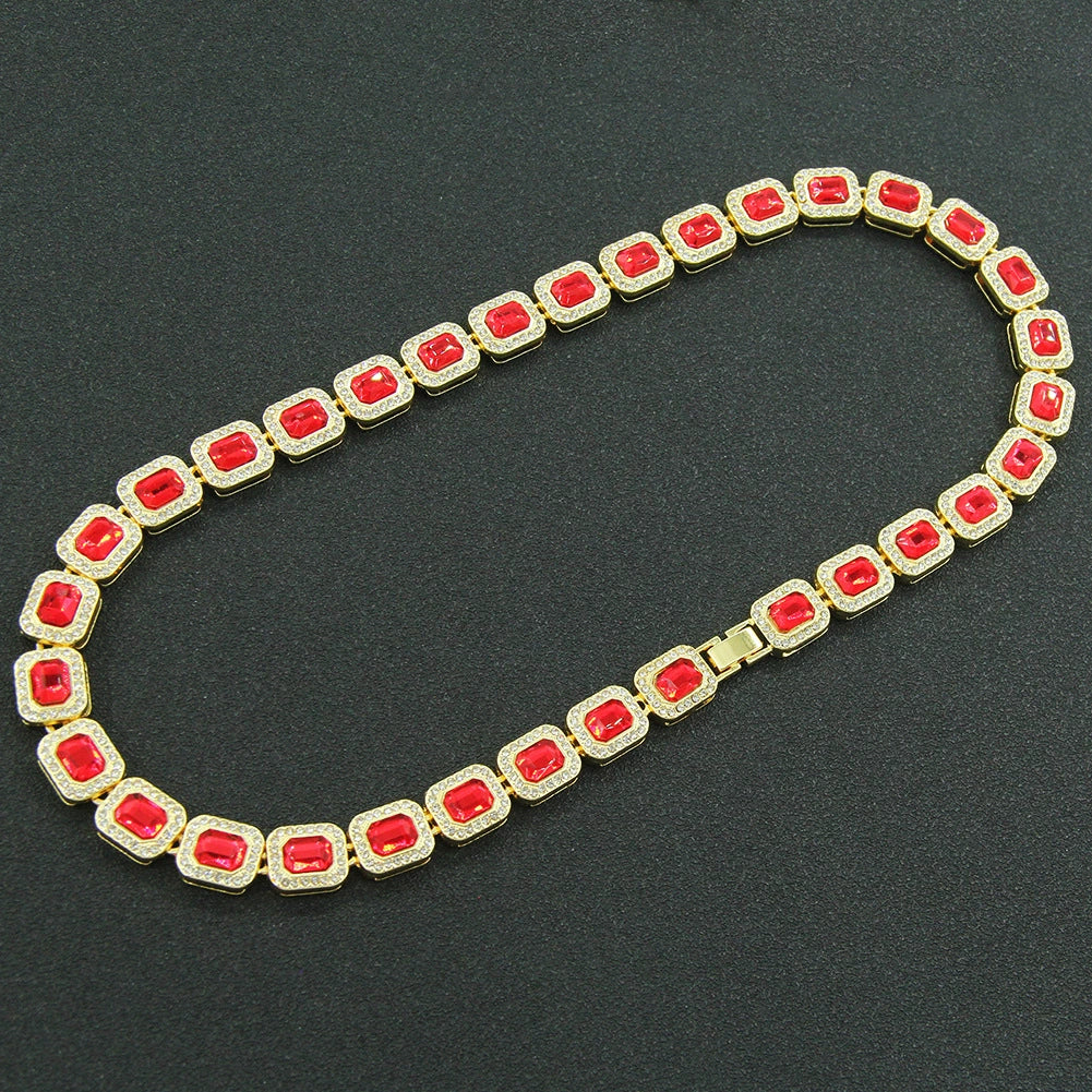 Men's Fashion Alloy Cuban Chain Necklace With Red Geometric Diamond Stitching - Image 3
