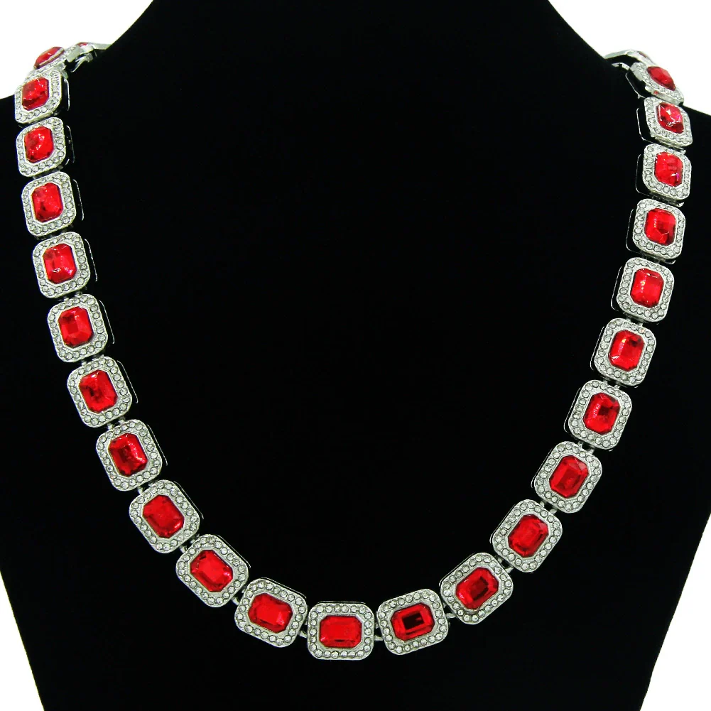 Men's Fashion Alloy Cuban Chain Necklace With Red Geometric Diamond Stitching - Image 8