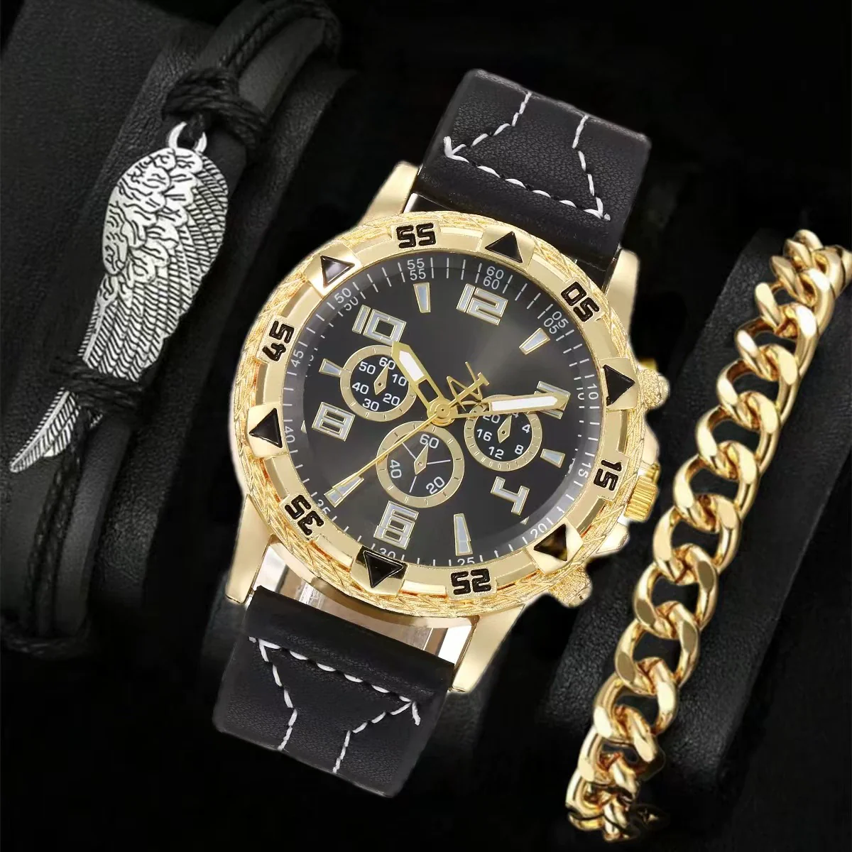 Men's Fashion Business Quartz Watch Metal Case Imitation Leather Strap Titanium Buckle Round Dial