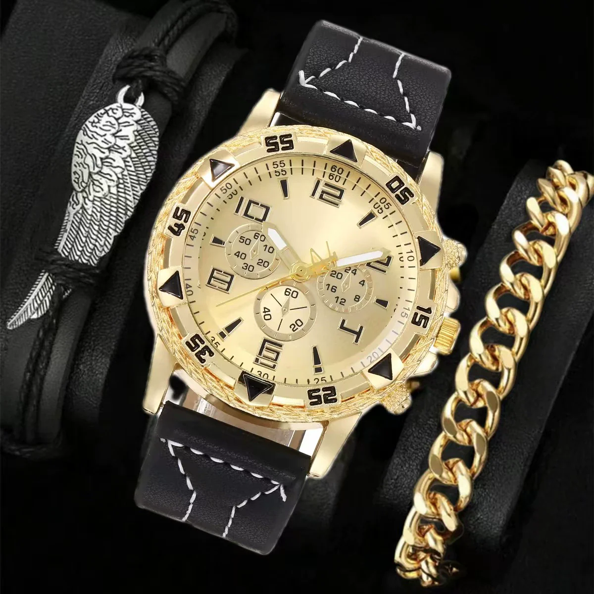 Men's Fashion Business Quartz Watch Metal Case Imitation Leather Strap Titanium Buckle Round Dial - Image 2