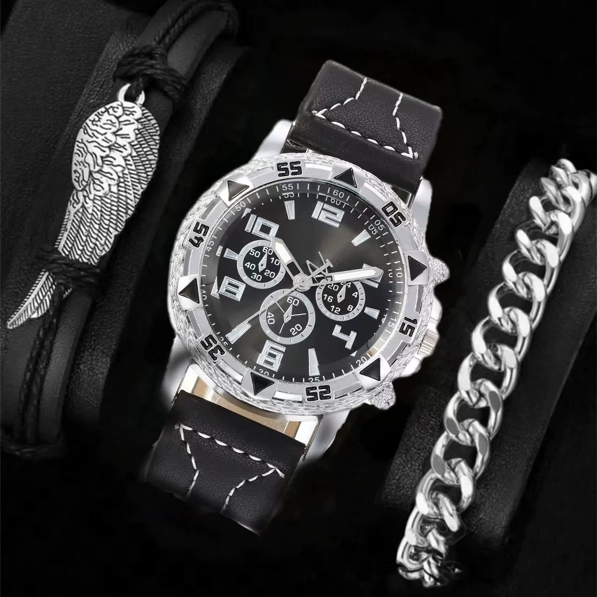 Men's Fashion Business Quartz Watch Metal Case Imitation Leather Strap Titanium Buckle Round Dial - Image 3