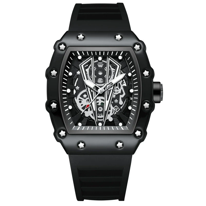 Men's Fashion Luminous Waterproof Quartz Watch Wine Barrel Shaped Alloy Case Stainless Steel Clasp Pu Strap - Image 5