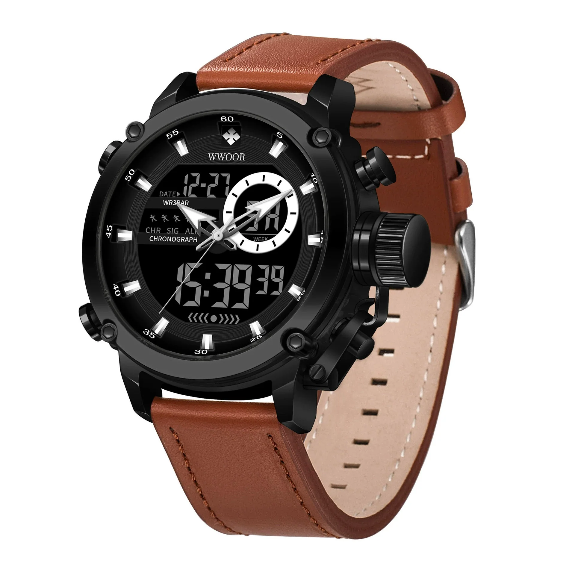 Men's Fashion Sports Watch With Genuine Leather Strap Alloy Case And Mineral Strengthened Glass Mirror Round Dial - Image 4