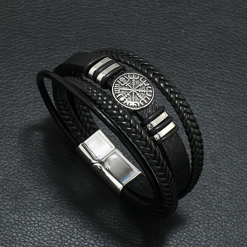 Men's Hand Accessories Multilayered Woven Leather Bracelets With Scripture Compass Pattern - Image 2