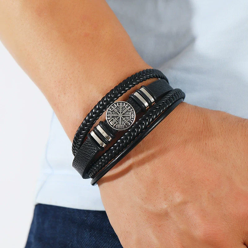 Men's Hand Accessories Multilayered Woven Leather Bracelets With Scripture Compass Pattern - Image 4