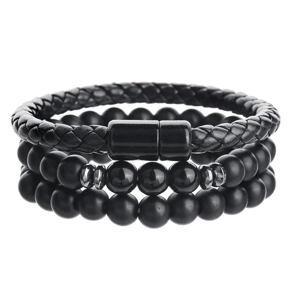Men's Handmade Beaded Bracelet With Black Onyx Tiger Eye Leather And Geometric Pattern - Image 6