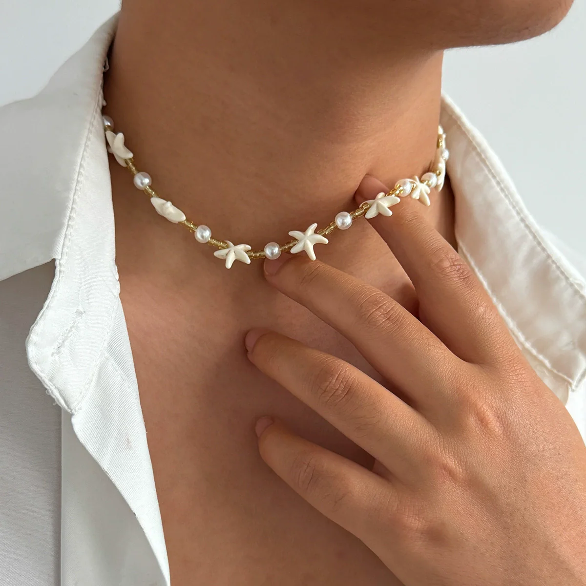 Men's Handmade Geometric Imitation Pearl Starfish Necklace Jewelry - Image 2