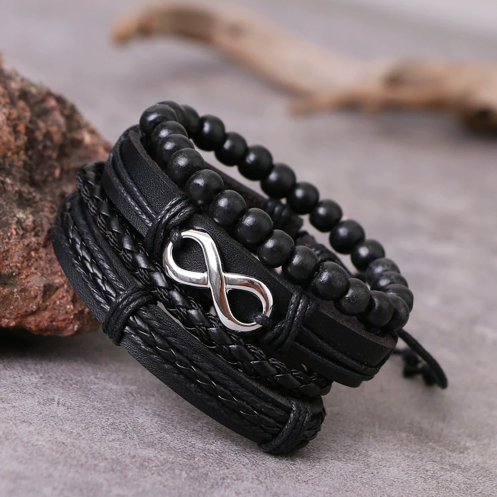 Men's Handmade Geometric Multi Layer Leather Beads Bracelet - Image 2