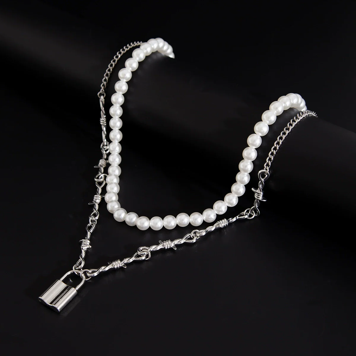 Men's Handmade Imitation Pearl And Alloy Geometric Style Lock Pendant Necklace - Image 4