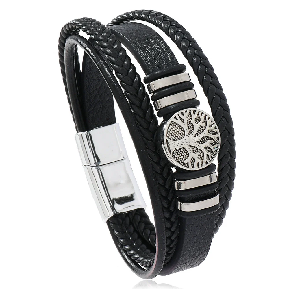 Men's Handmade Leather Bracelet With Alloy Magnet Buckle And Tree Of Life Leaves Pattern - Image 5