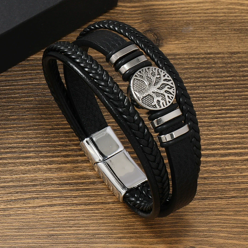 Men's Handmade Leather Bracelet With Alloy Magnet Buckle And Tree Of Life Leaves Pattern - Image 6