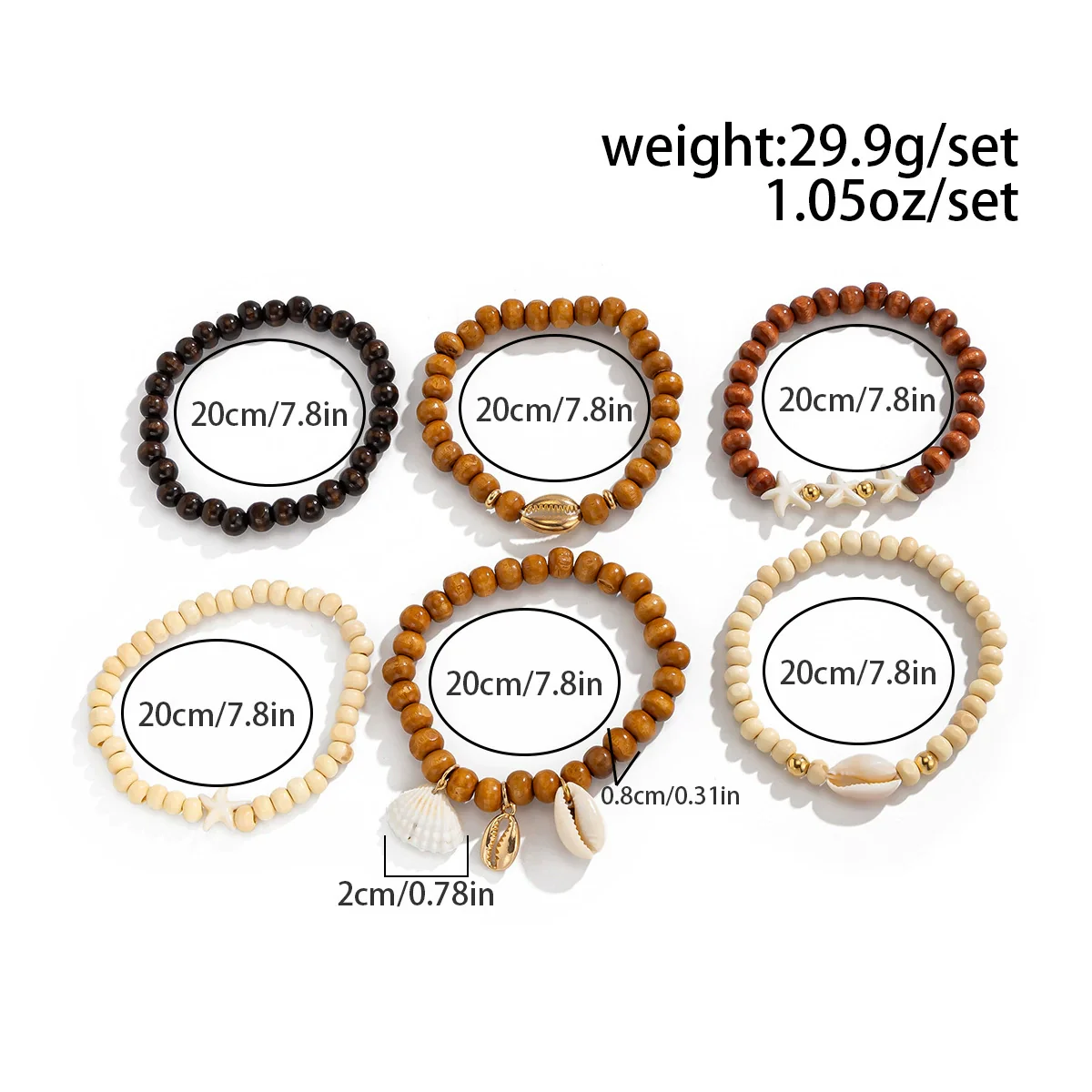 Men's Handmade Wood Beaded Geometric Bracelets With Shell And Starfish - Image 6
