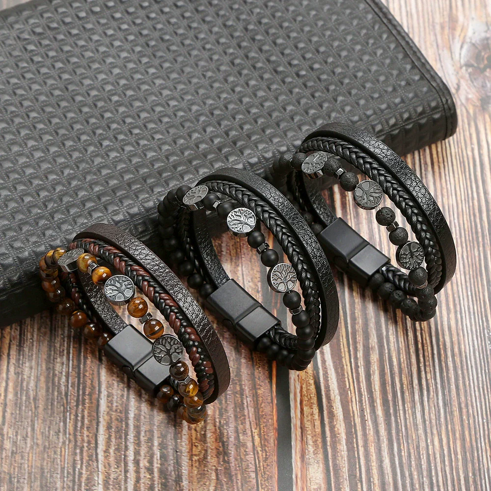 Men's Handwoven Natural Stone And Leather Bracelet With Alloy Buckle Geometric Pattern Magnetic Material Tree Of Life Style