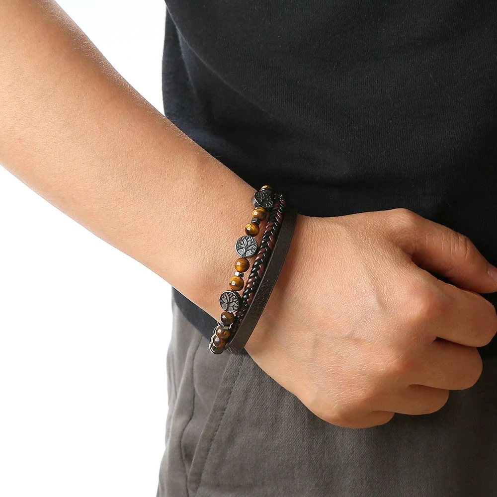 Men's Handwoven Natural Stone And Leather Bracelet With Alloy Buckle Geometric Pattern Magnetic Material Tree Of Life Style - Image 2
