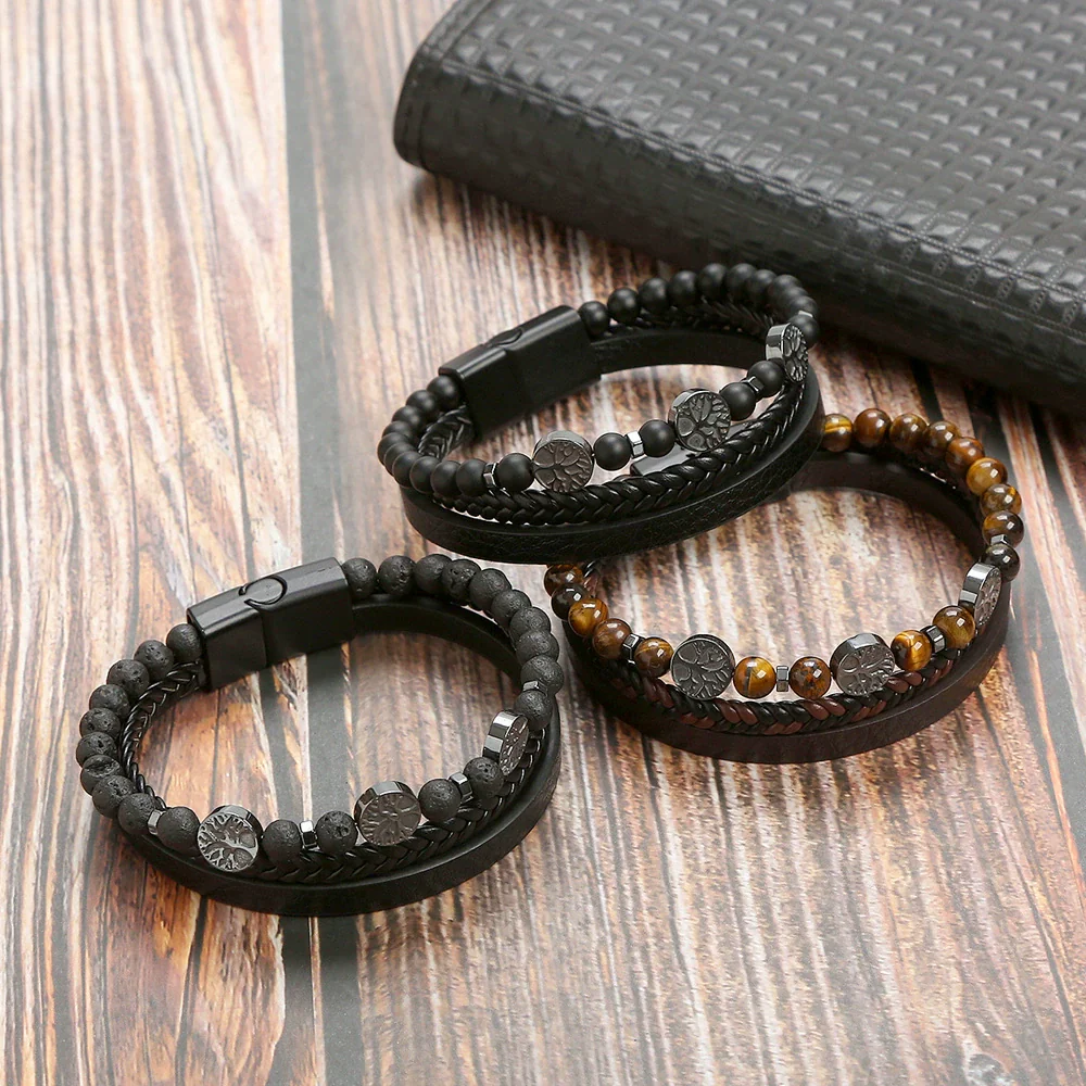 Men's Handwoven Natural Stone And Leather Bracelet With Alloy Buckle Geometric Pattern Magnetic Material Tree Of Life Style - Image 3
