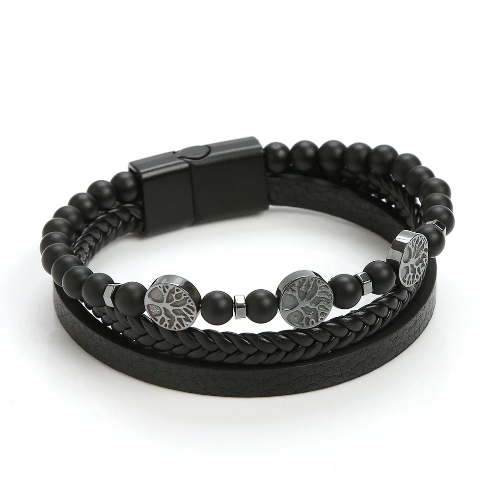 Men's Handwoven Natural Stone And Leather Bracelet With Alloy Buckle Geometric Pattern Magnetic Material Tree Of Life Style - Image 4