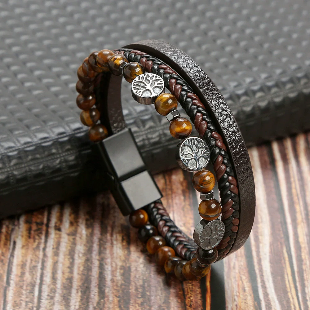 Men's Handwoven Natural Stone And Leather Bracelet With Alloy Buckle Geometric Pattern Magnetic Material Tree Of Life Style - Image 5