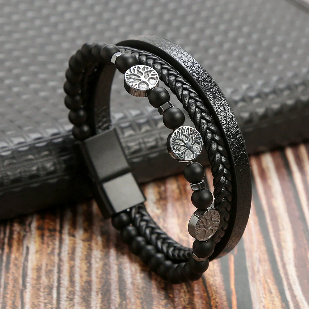 Men's Handwoven Natural Stone And Leather Bracelet With Alloy Buckle Geometric Pattern Magnetic Material Tree Of Life Style - Image 6