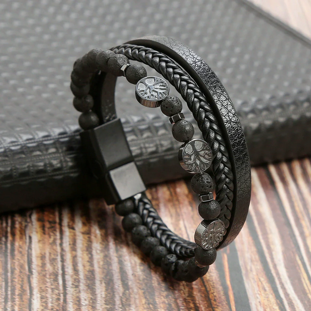 Men's Handwoven Natural Stone And Leather Bracelet With Alloy Buckle Geometric Pattern Magnetic Material Tree Of Life Style - Image 7