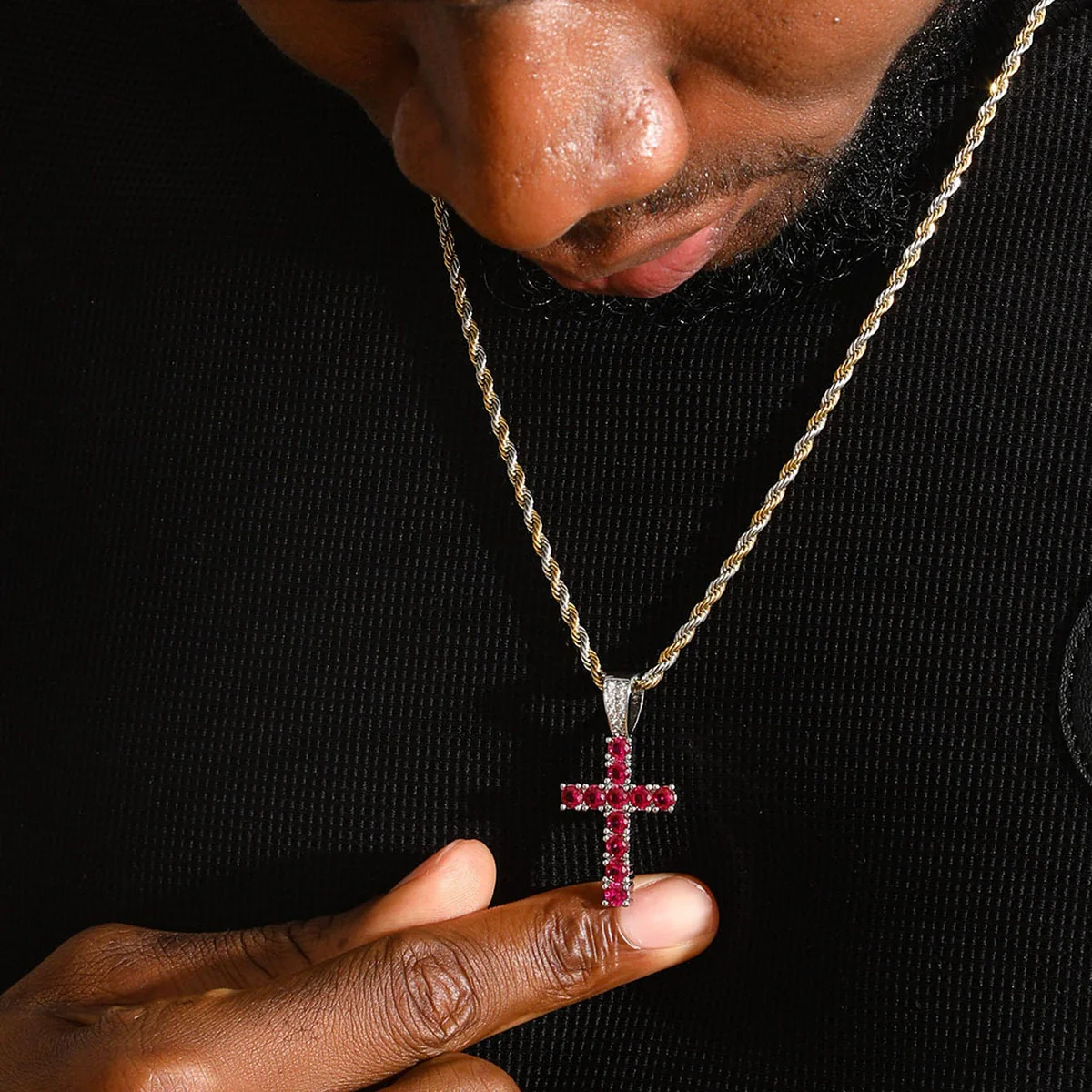 Men's Hip Hop Copper Cross Necklace With Zircon Pendants And Electroplating Treatment