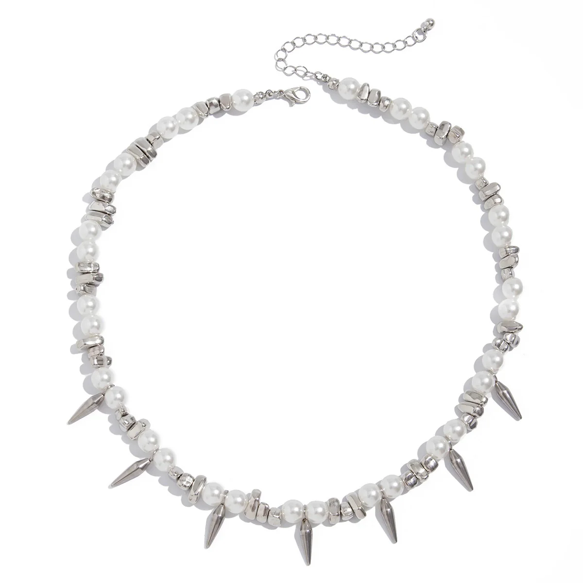 Men's Hip Hop Imitation Pearl Stainless Steel Alloy Rivet Handmade Geometric Clavicle Chain Necklace - Image 5