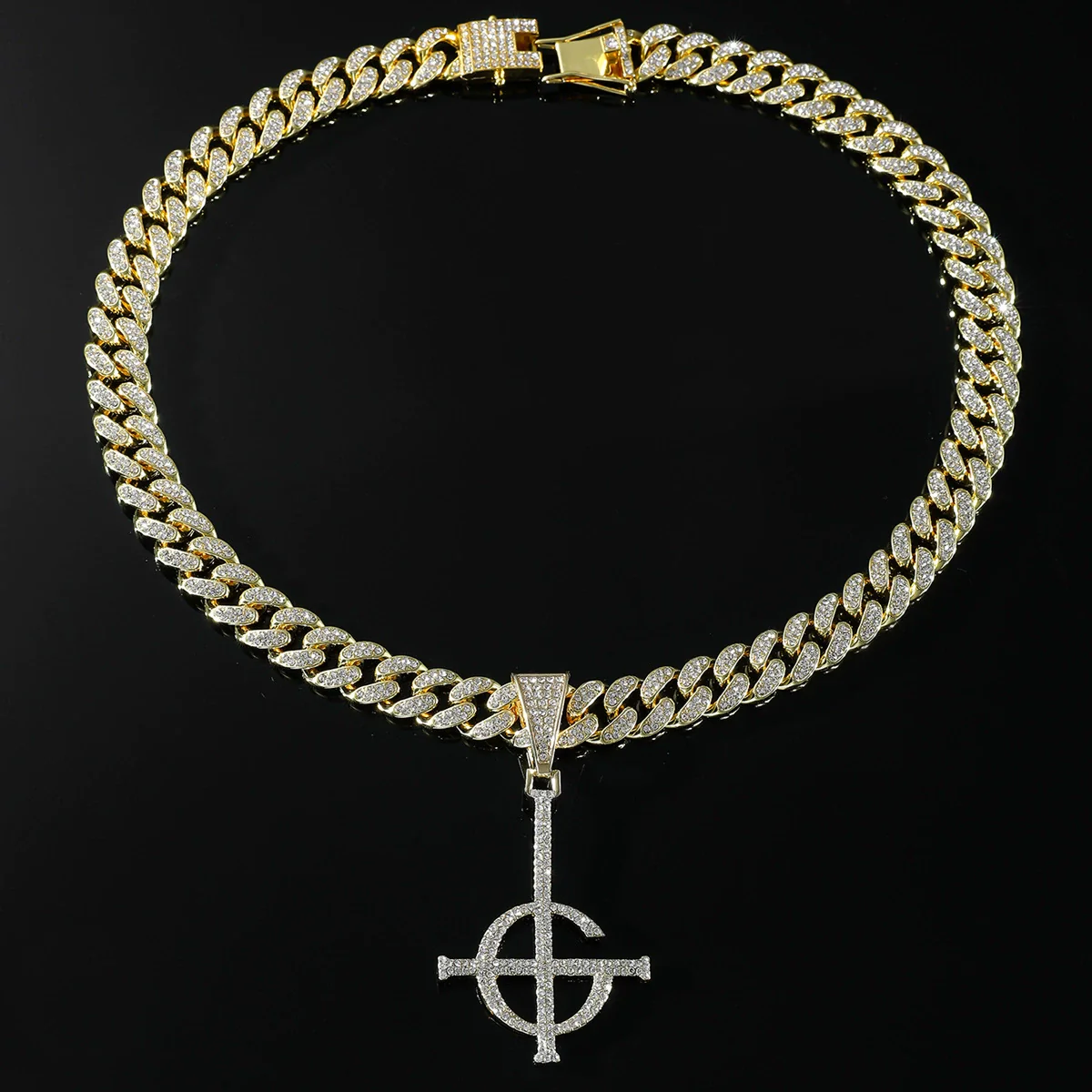 Men's Hip Hop Punk Alloy Necklace With Diamond Ghost Cross Pendant And Cuban Chain Geometric Design - Image 3