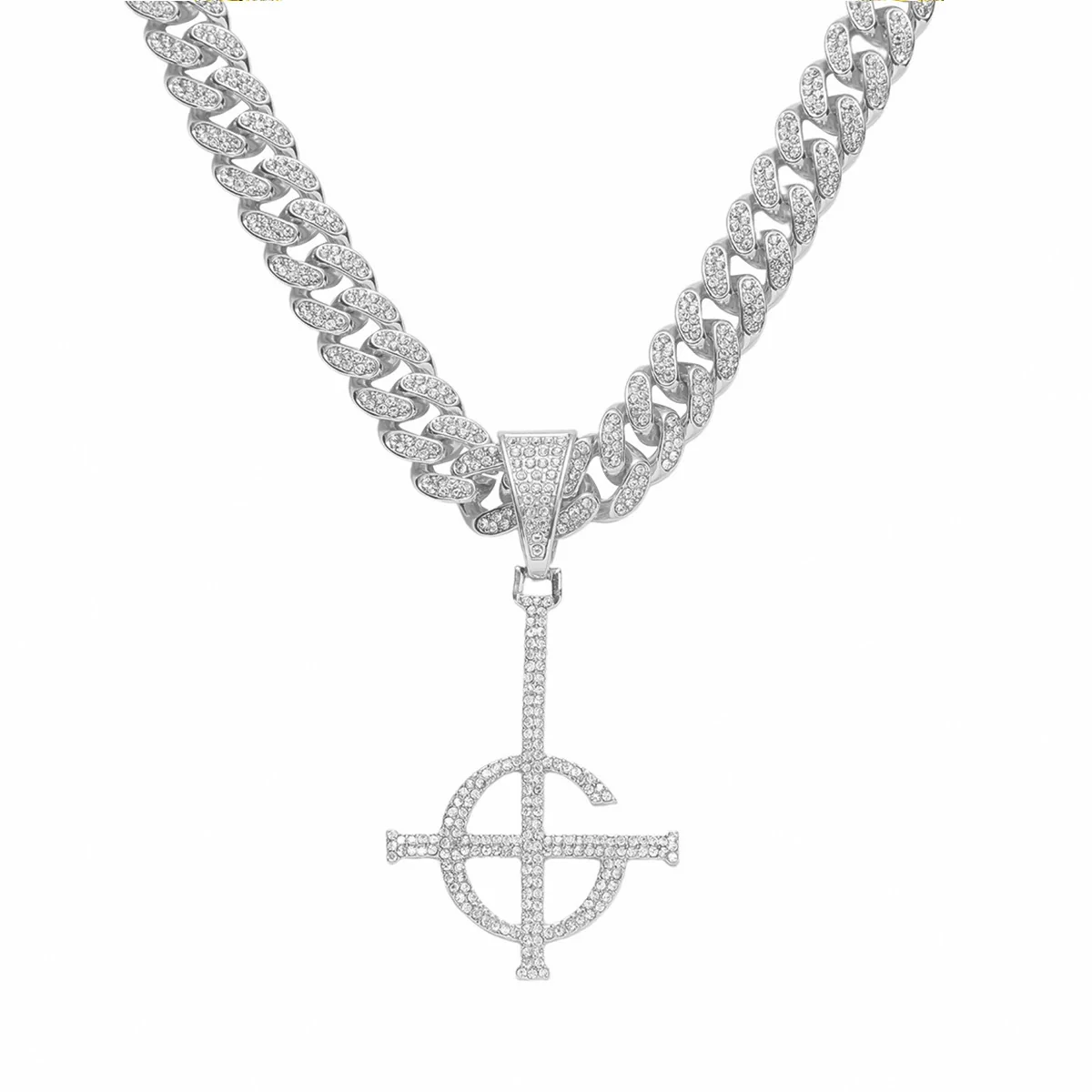 Men's Hip Hop Punk Alloy Necklace With Diamond Ghost Cross Pendant And Cuban Chain Geometric Design - Image 5