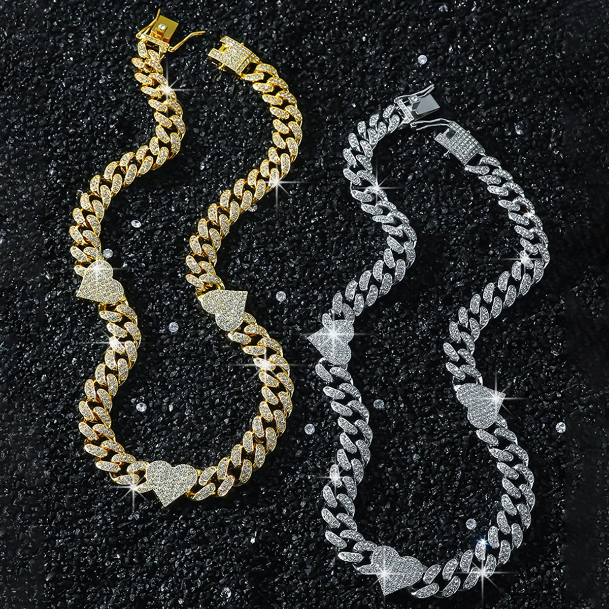 Men's Hip Hop Style Alloy Cuban Chain With Diamond And Peach Heart Design Necklace - Image 2