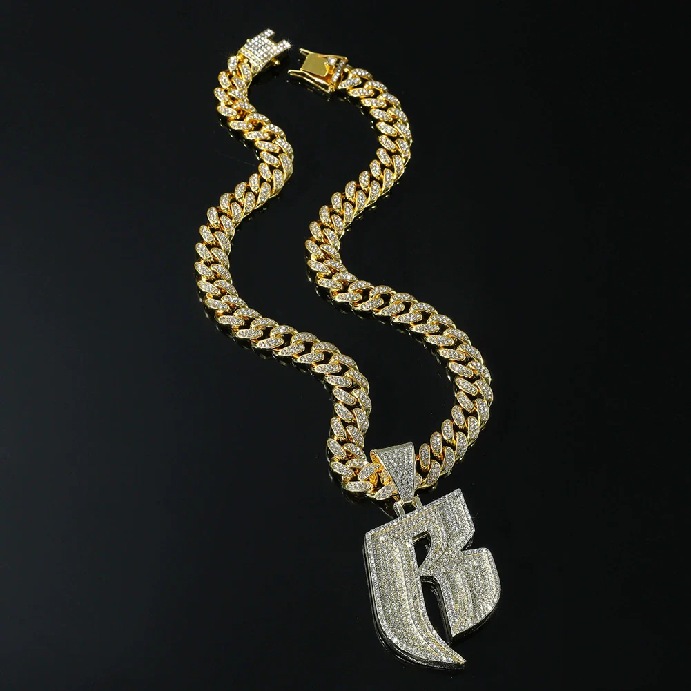 Men's Hip Hop Style Alloy Pendant Necklace With Rhinestone And Letter B Design Cuban Chain Accessories - Image 3