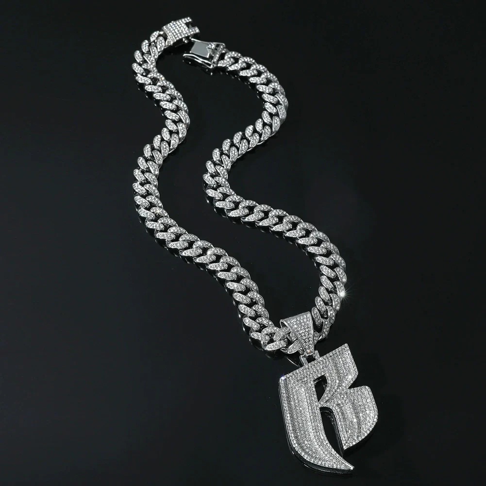 Men's Hip Hop Style Alloy Pendant Necklace With Rhinestone And Letter B Design Cuban Chain Accessories - Image 4