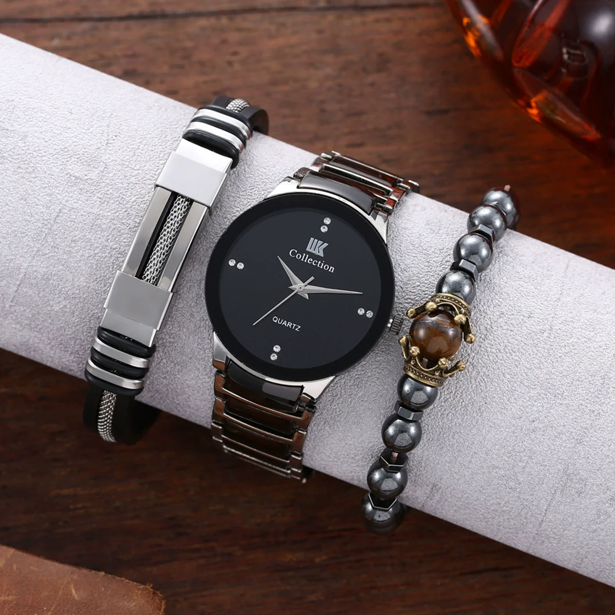 Men's Hip Hop Style Quartz Watch Alloy And Titanium Metal Bracelet 3 Piece Set With Round Dial And Spiral Crown - Image 5