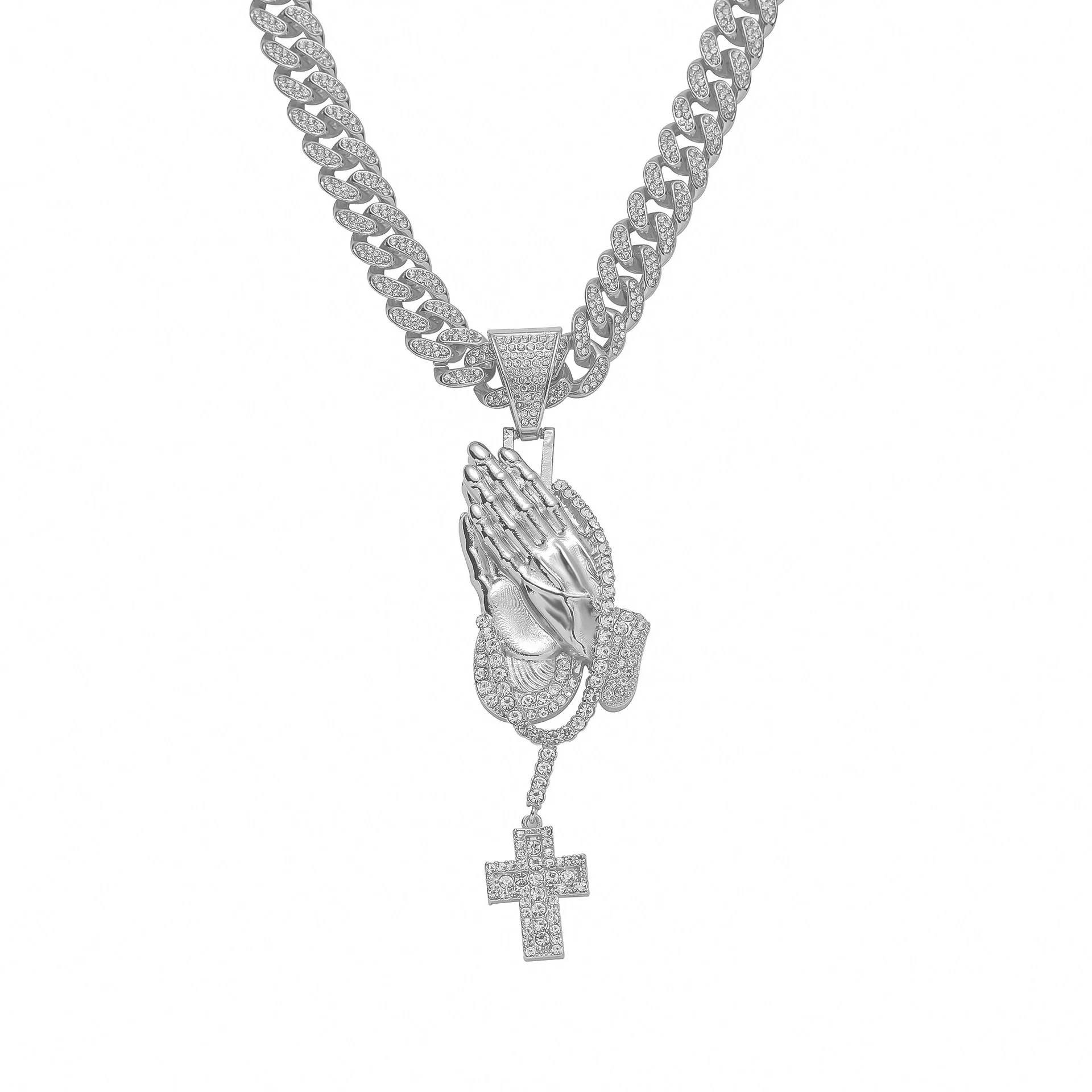 Men's Hiphop Alloy Jewelry With Pray Hand Cross And Geometric Diamond Design Cuban Chain Necklace - Image 7