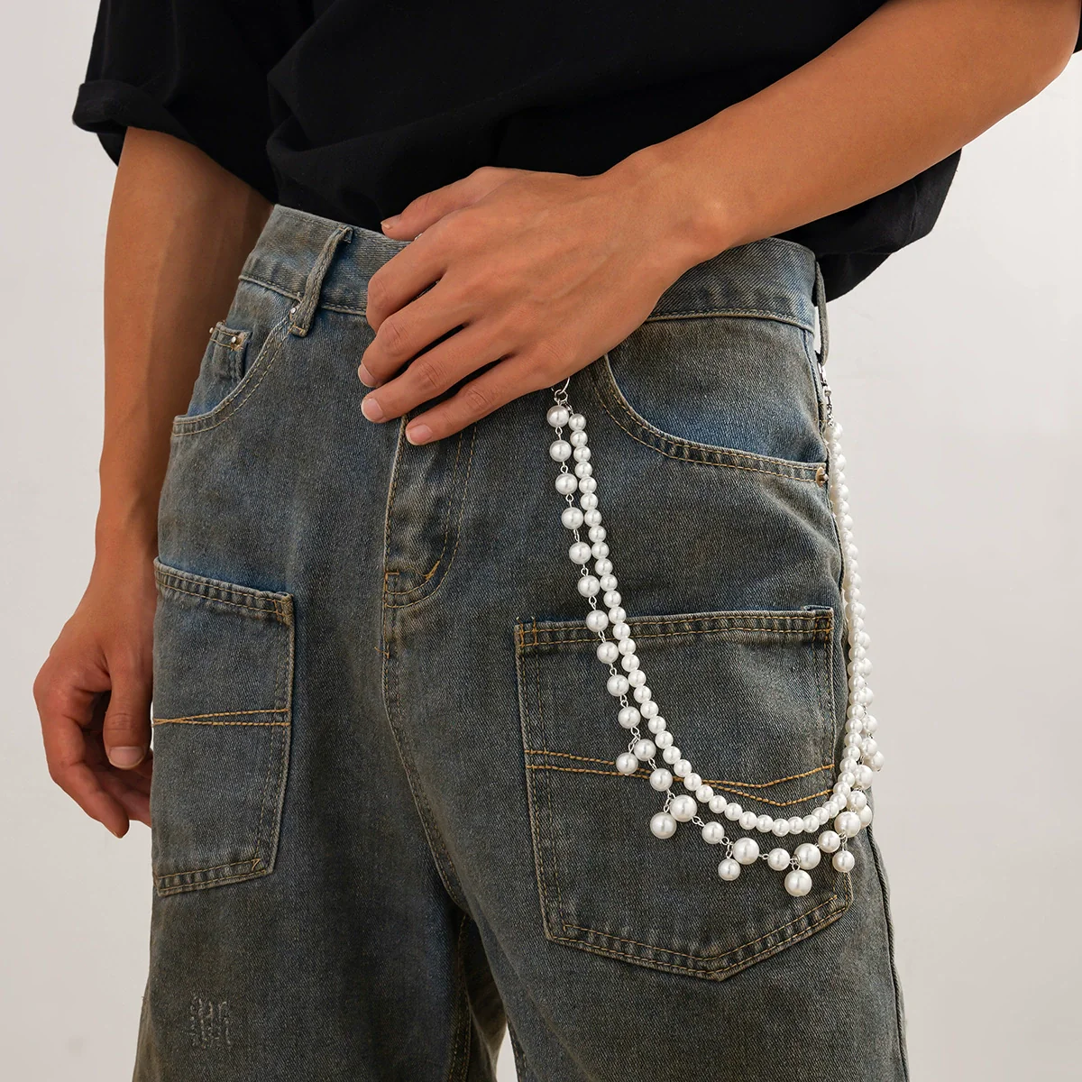 Men's Hiphop Fashion Pants Chain With Imitation Pearls Handmade Beads Alloy Belt Buckle Highend Matching Accessories - Image 2
