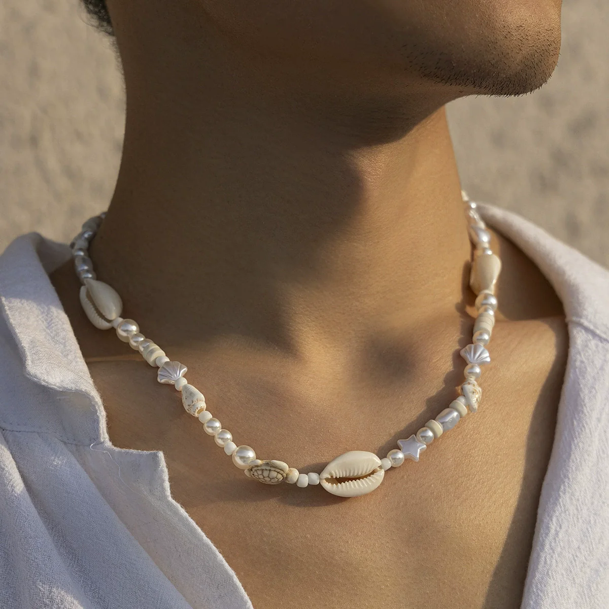 Men's Hiphop Imitation Pearl Shell Stitching Handmade Geometric Necklace Jewelry